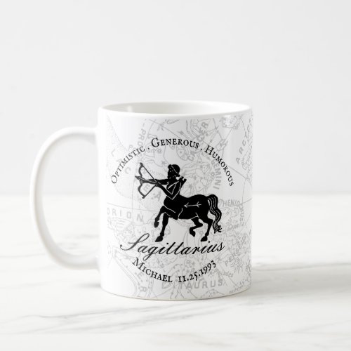 Black White Sagittarius Zodiac Custom Birthday Coffee Mug