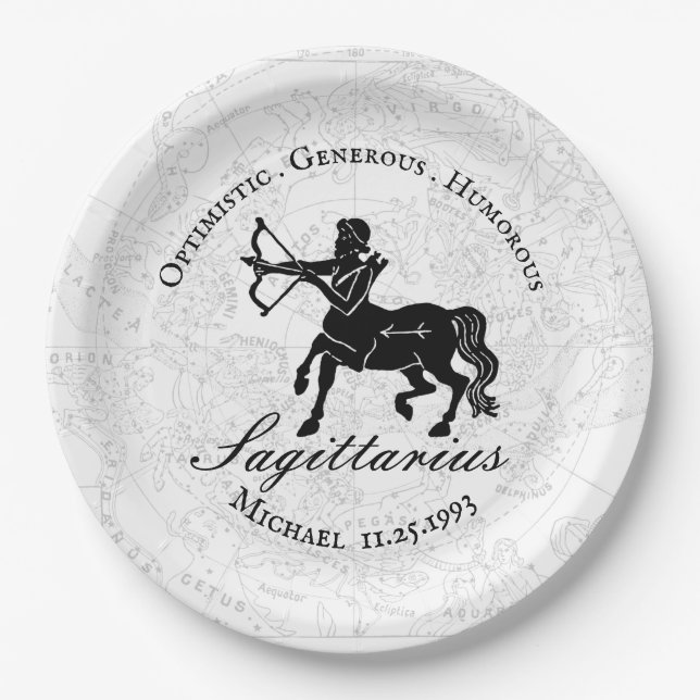  Black White Sagittarius Zodiac Custom Birthday Paper Plates (Front)