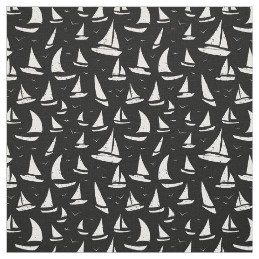 Black White Sailing Boats and Seagulls Pattern Fabric