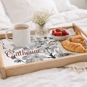 Black White Sakura Cherry Flowers Elegant Style Serving Tray