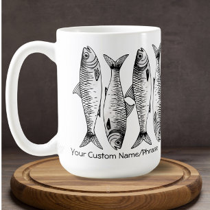 Black White Sardine Line-up Art Custom Name Phrase Coffee Mug