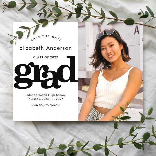 Black white save date graduation photo typography invitation postcard (Creator Uploaded)