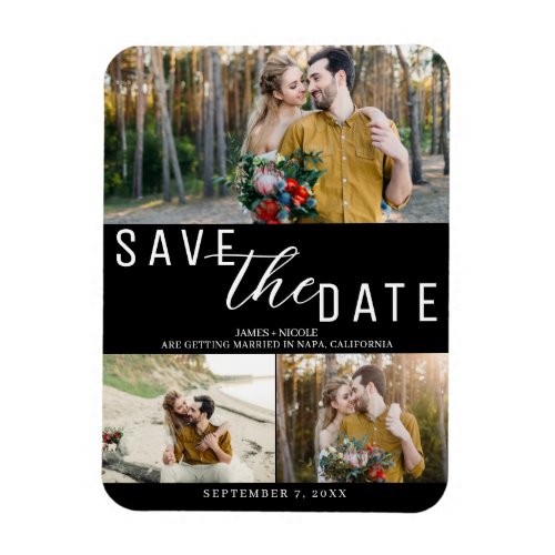 Black  White Save the Date Wedding 3 Photos Magnet