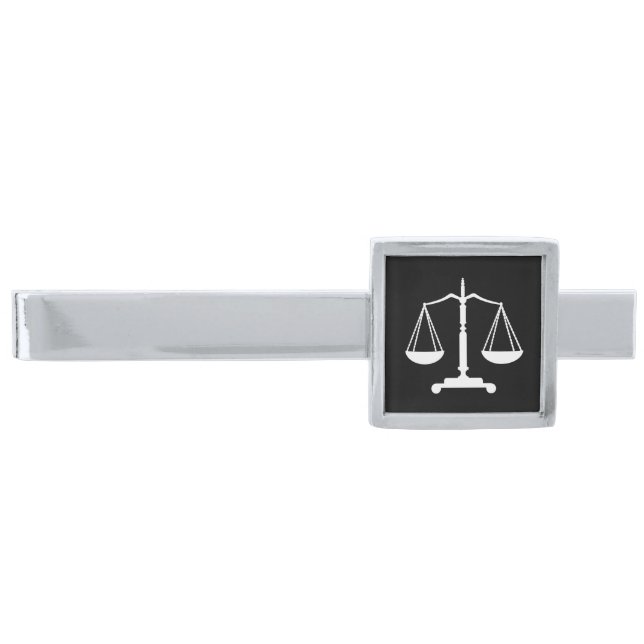 Black White Scales of Justice Symbol Silver Finish Tie Clip (Front)