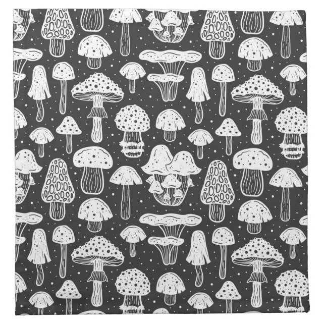 Black White Scandi Mushroom Pattern Cloth Napkin (Front)