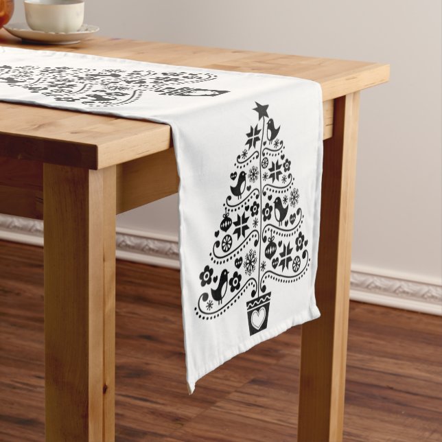 Black & White Scandinavian Christmas Tree Folk Art Medium Table Runner (In Situ)