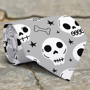 Black & White Scary Halloween Skull Spider Bone Neck Tie