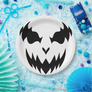 Black & White Scary Pumpkin Face Halloween Party Paper Plates