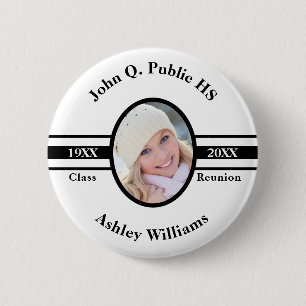 Black White School Class Reunion Photo Name Button
