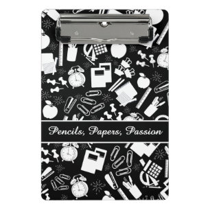 Black White school Supplies Pattern TeacherStudent Mini Clipboard