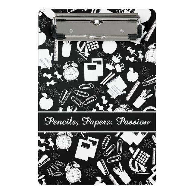 Black White school Supplies Pattern TeacherStudent Mini Clipboard (Front)