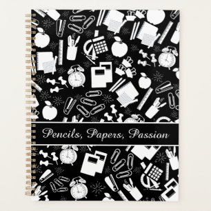 Black White school Supplies Pattern TeacherStudent Planner