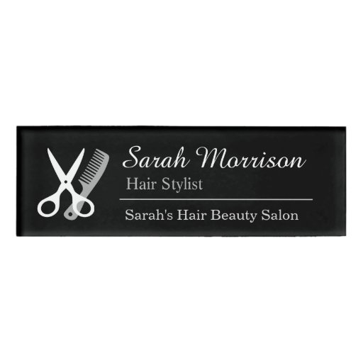 Black White Scissors Hair Stylist Salon Staff Name Tag | Zazzle