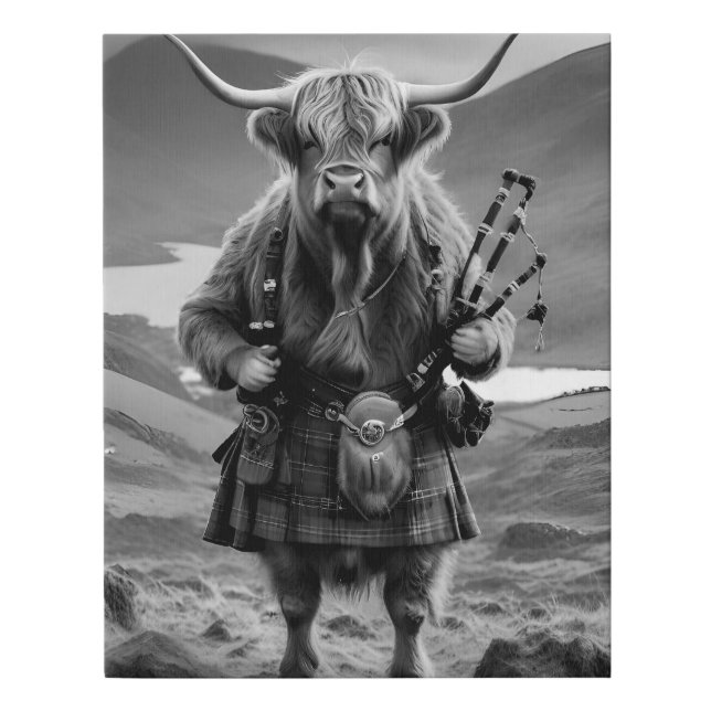 Black White Scottish Highland Cow Bagpiper,  Faux Canvas Print (Front)