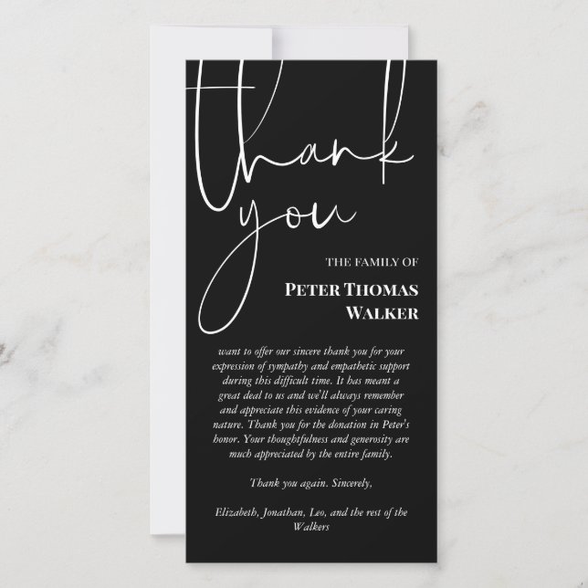 Black White Script & 2 Photos Funeral Thank You Card (Front)