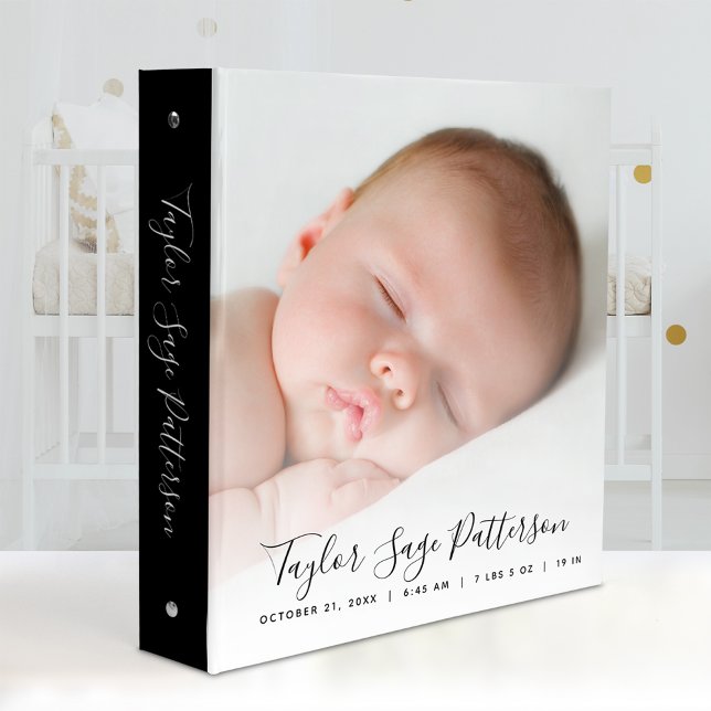 Black White Script Baby Photo Album 3 Ring  3 Ring Binder (Creator Uploaded)