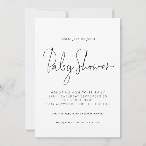 Black White Script Baby Shower Invitation