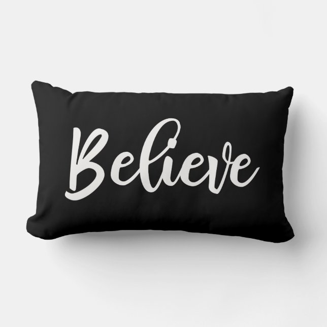 Black White Script Believe Christmas Lumbar Pillow (Front)