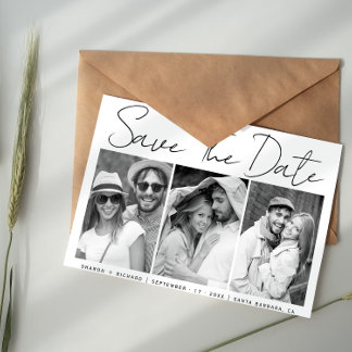 Black, white script calligraphy 3 photo collage  save the date