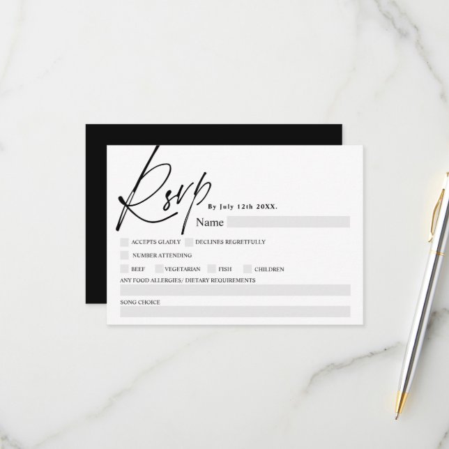 Black white script calligraphy food rsvp wedding (Front/Back In Situ)