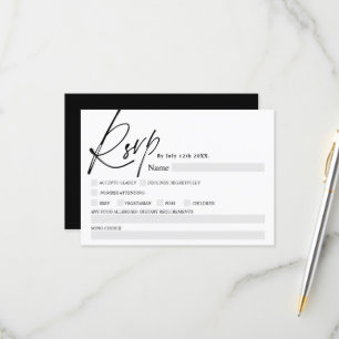 Black white script calligraphy food rsvp wedding card