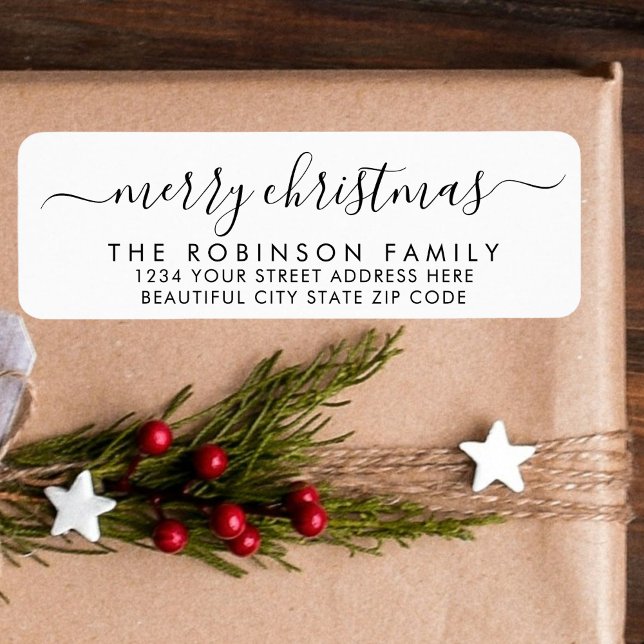 Black White Script Christmas Return Address Label (Creator Uploaded)