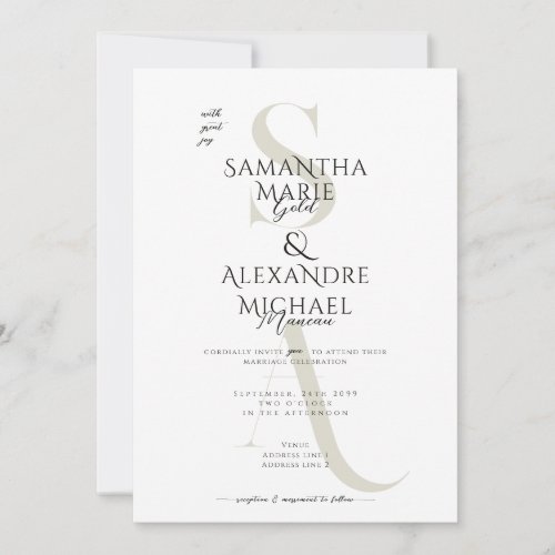 Black  White Script Contemporary Monogram Wedding Invitation