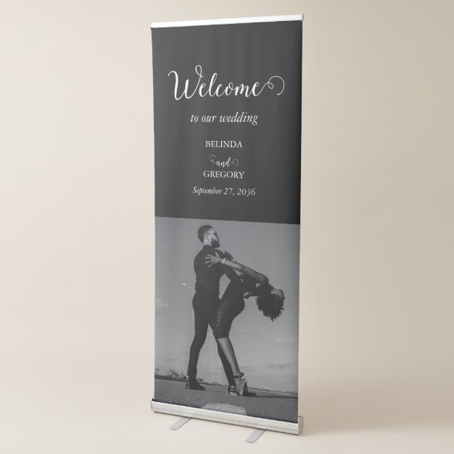 Black & White Script Couple Photo Wedding Welcome Retractable Banner (3/4)