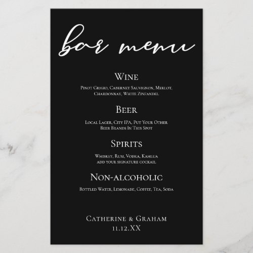 Black White Script Elegant Formal Wedding Bar Menu