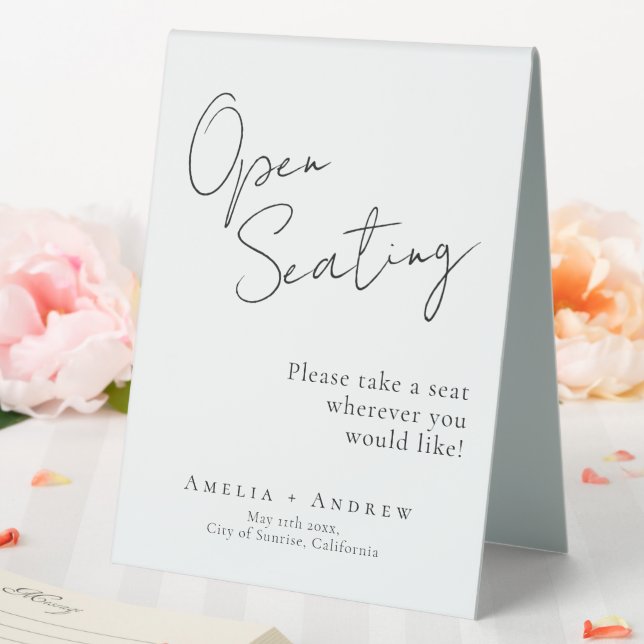 Black White Script Elegant Wedding Open Seating  Table Tent (In SItu (Wedding))