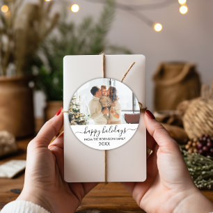 Black White Script Family Photo Happy Holidays Classic Round Sticker