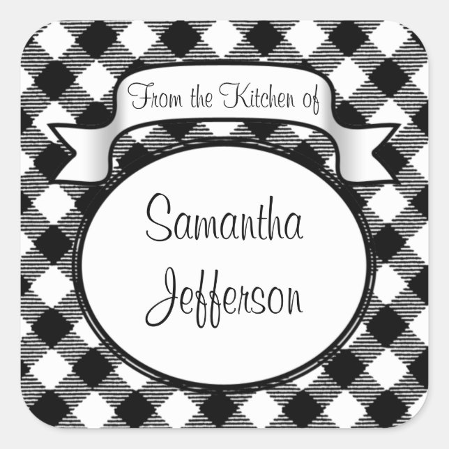 Black+White Script -From the Kitchen Of- Jar/Label Square Sticker (Front)