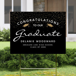 Black White Script Gold Cap Graduation Yard Sign