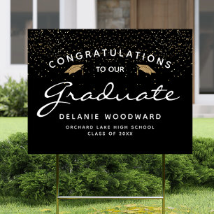 Black White Script Gold Cap Graduation Yard Sign