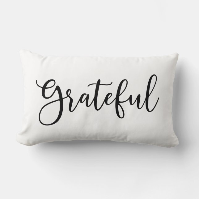Black White Script Grateful Lumbar Pillow (Front)