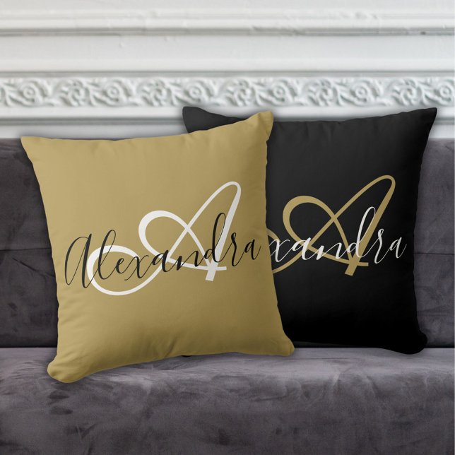 Black White Script Initial Monogram Decor Throw Pillow (Elegant Black White Script Name Initial Monogram Throw Pillow)