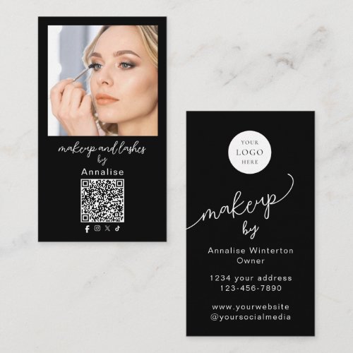 Black White Script Logo QR Code Photo Makeup Business Card