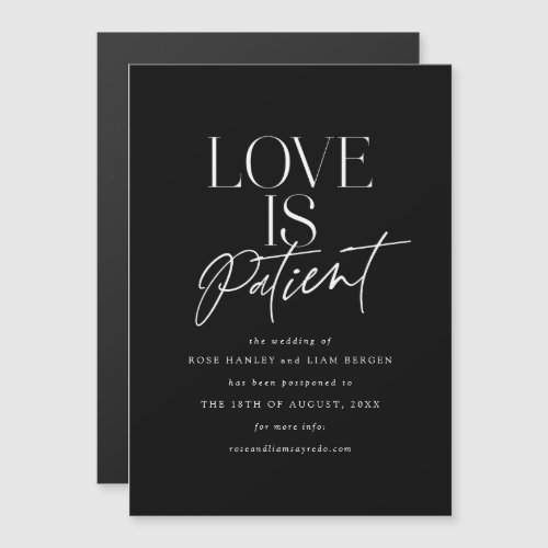 Black White Script Love Wedding Change the Date Magnetic Invitation