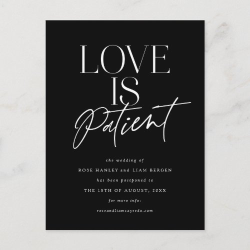 Black White Script Love Wedding Change the Date Postcard