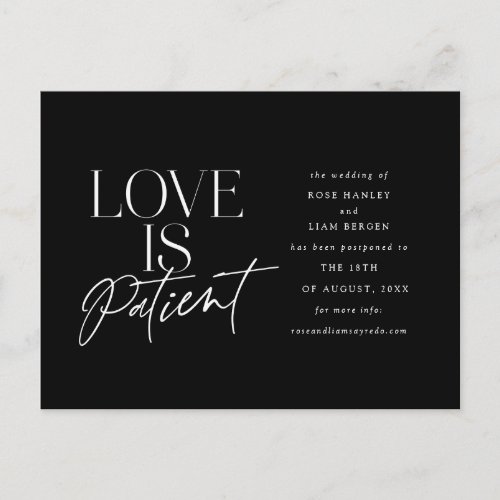 Black White Script Love Wedding Change the Date Postcard