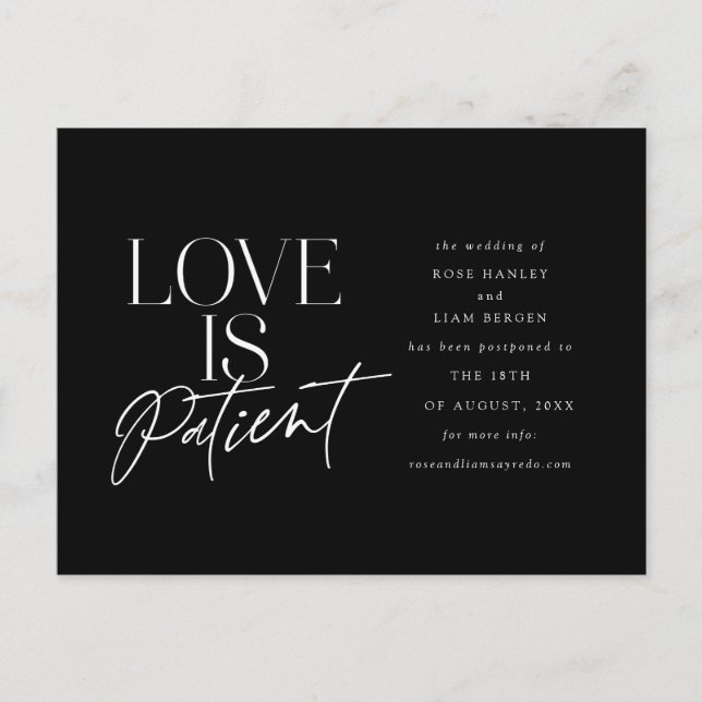 Black White Script Love Wedding Change the Date Postcard (Front)