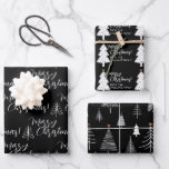 Black White Script Merry Christmas Tree Name  Wrapping Paper Sheets<br><div class="desc">Beautiful and elegant black and white Merry Christmas wrapping paper set is perfect for those who like a simple and minimalist aesthetic. The  Christmas trees have a tiny gold star. So pretty with the hand written script typography. Add your name or family name to personalize one of the sheets.</div>