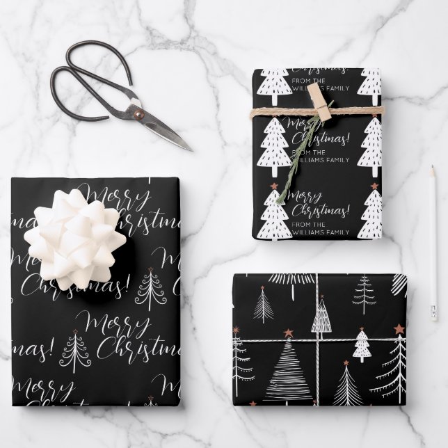 Black White Script Merry Christmas Tree Name  Wrapping Paper Sheets (Front)