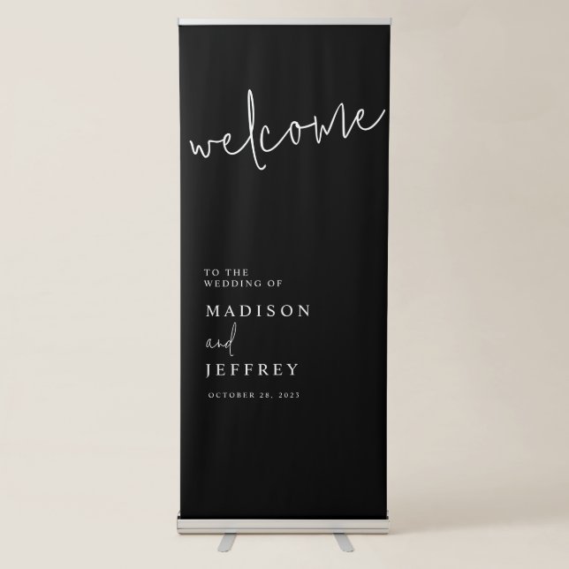 Black & White Script Minimalist Wedding Welcome Retractable Banner (Front)