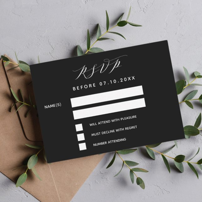 Black white script modern wedding response RSVP Note Card (Creator Uploaded)