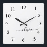 Black White Script Monogram Girly Name Square Wall Clock<br><div class="desc">White and Black Script Monogram Name Clock. This makes the perfect sweet 16 birthday,  wedding,  bridal shower,  anniversary,  baby shower or bachelorette party gift for someone that loves glam luxury and chic styles.</div>