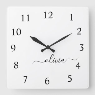 Black White Script Monogram Girly Name Square Wall Clock