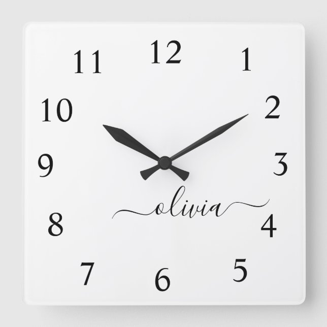 Black White Script Monogram Girly Name Square Wall Clock (Front)