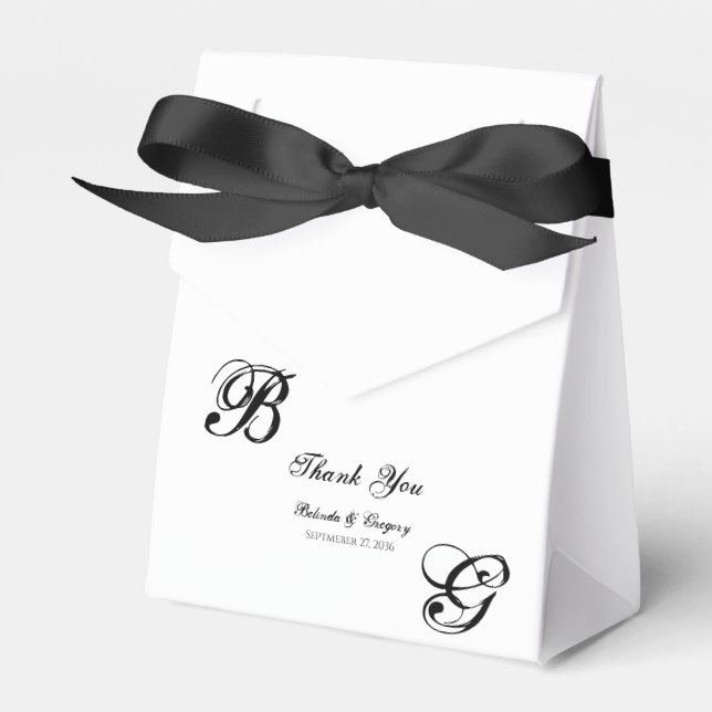 Black & White Script Monogram Wedding Favor Boxes (Front Side)