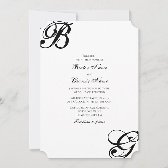 Black & White Script Monogram Wedding  Invitation (Front)